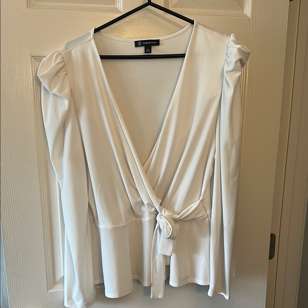 INC International Concepts White Puff Sleeve Wrap Blouse